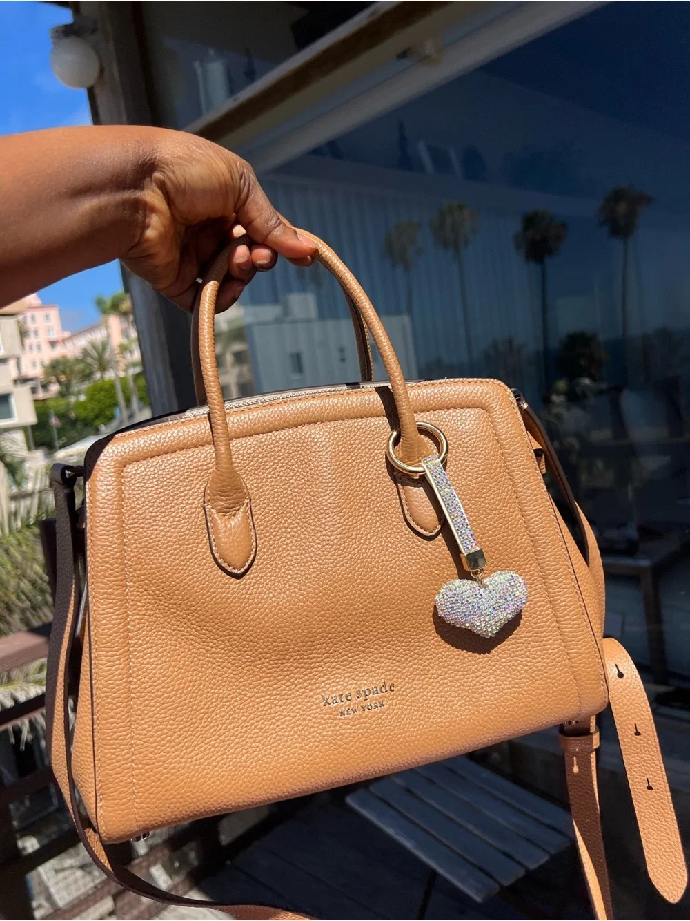 kate spade tan leather satchel with crystal heart charm
